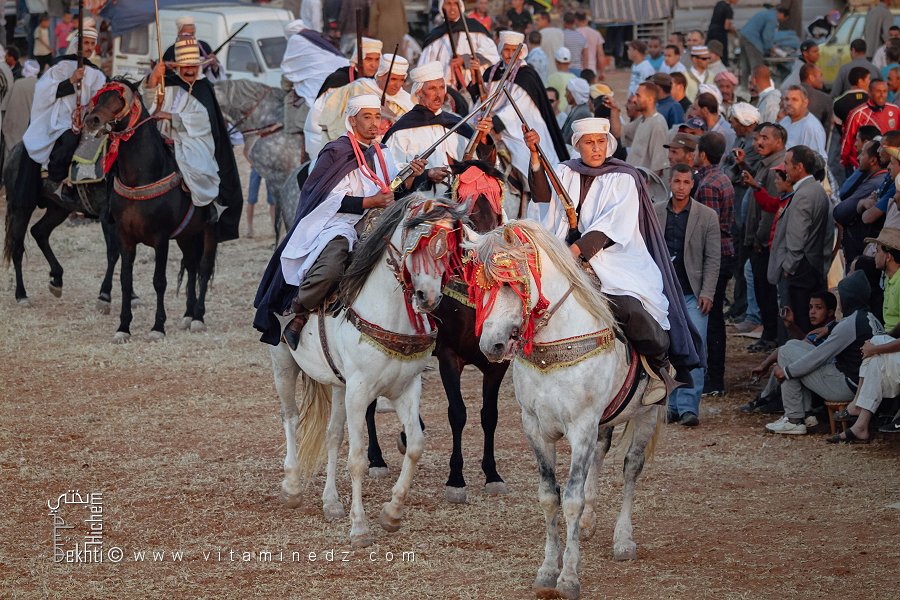 Chevaux bardés et cavaliers prêts pour le baroud à la Waada de Tamesna (Commune El Hassasna, Wilaya de Saida) Mai 2015