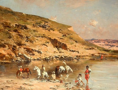 Baignade de Chevaux  (Caravane algérienne baignant des chevaux contre un paysage rocheux) Victor Huguet(Français, 1835 – 1902)