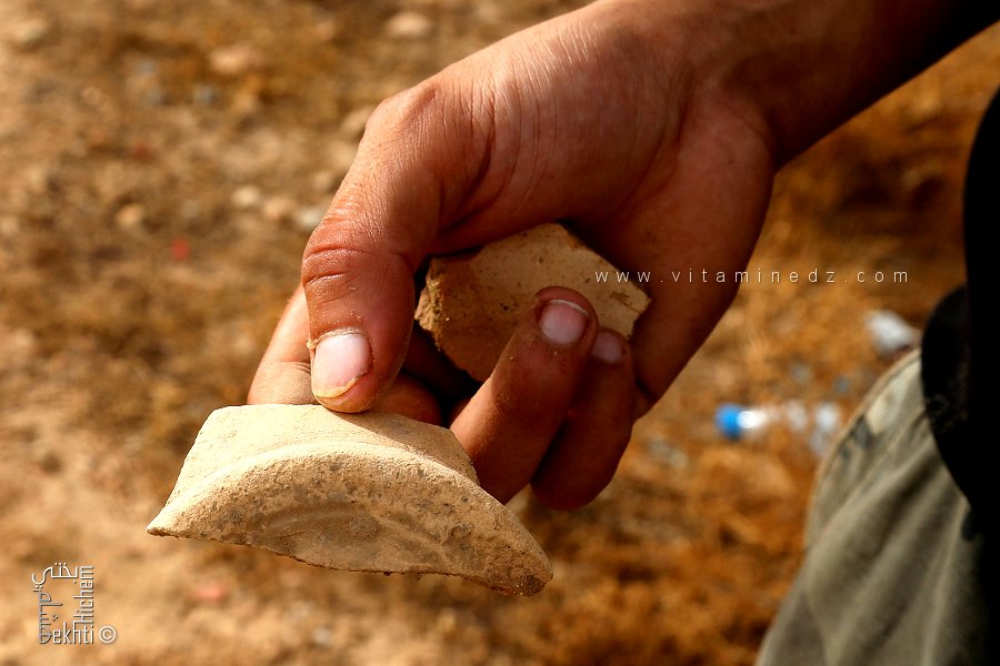 Débris de poteries anciennes à ras le sol, Castellum de Mina, près de Relizane