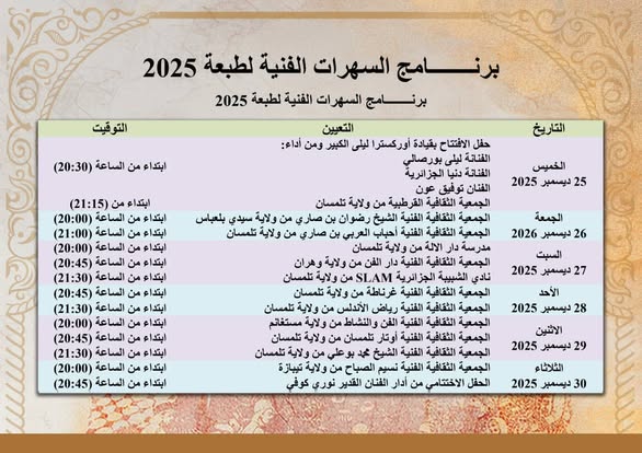 برنامج السهرات الفنية لفعاليات الطبعة الرابعة عشر للمهرجان الثقافي الوطني لموسيقى الحوزي