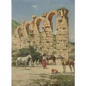 Victor-Pierre Huguet (1835-1902) Chevaux arrêtés devant les ruines de l’aqueduc de l’Oued Bella, Cherchell, Algérie