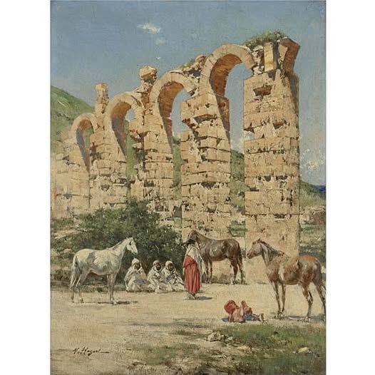 Victor-Pierre Huguet (1835-1902) Chevaux arrêtés devant les ruines de l’aqueduc de l’Oued Bella, Cherchell, Algérie