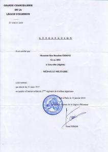 attestation de la médaille militaire de hadj eddine boucif