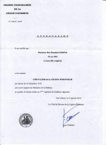 Attestation de Chevalier de Légion d'Honneur de Hadj Eddine Boucif