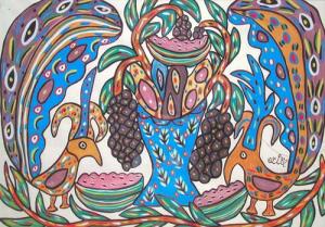 BAYA, Corbeille de fruits et deux oiseaux