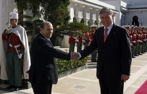 Algeria's President Abdelaziz Bouteflika (L) shakes hands with his