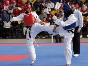 Libya's Safa Bashir (blue) fights with Algeria's Nasseri Shamam