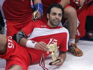 Egypt's Mahmoud Abd Islam poses with his team mates