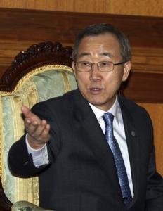 United Nation's Secretary General Ban Ki-moon talks during his