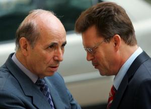 Algerian ambassador to Mali Abdelkrim Gheraieb (L) speaks with