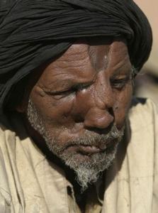 A Sahrawi war veteran attends a demonstration as part