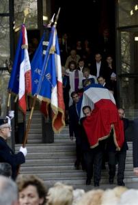 The coffin bearing the remains of Germaine Tillion leaves