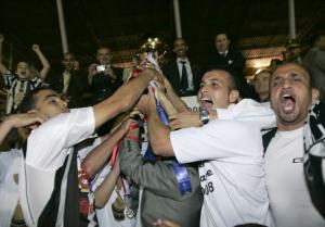 Algeria's Entente team celebrate after beating WA Casablanca during