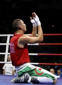 Newfel Ouatah of Algeria reacts to his win against