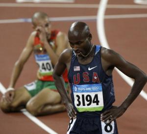 Bernard Lagat of the U.S. looks at the scoreboard