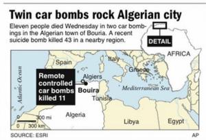 Map shows locations of Wednesday's car bombings in Algeria;.  AP