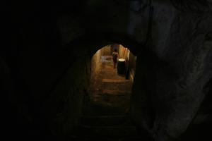 A boy walks in an antique storeroom which is