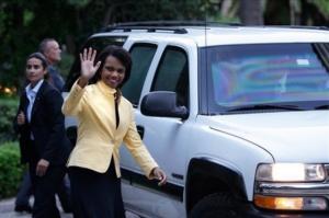 U.S. Secretary of State Condoleezza Rice waves as she