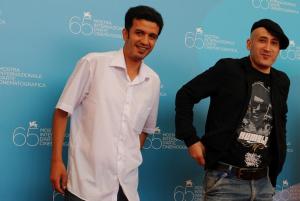 Algeria's director Tariq Teguia (R) poses with Algeria's actor
