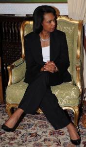 US Secretary of State Condoleezza Rice (L) meets with