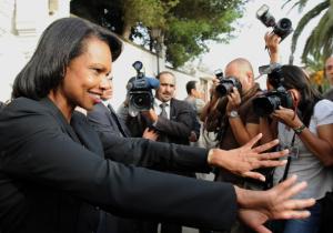 US Secretary of State Condoleezza Rice gestures to media