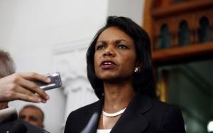U.S. Secretary of State Condoleezza Rice speaks to journalists