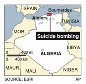 Map locates Boumerdes, Algeria, site of a suicide bombing;