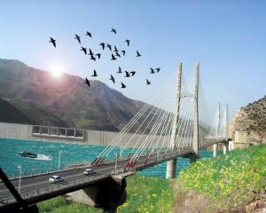 Banc d'Oiseaux migrateurs survolant le pont suspendu de Beni Haroun